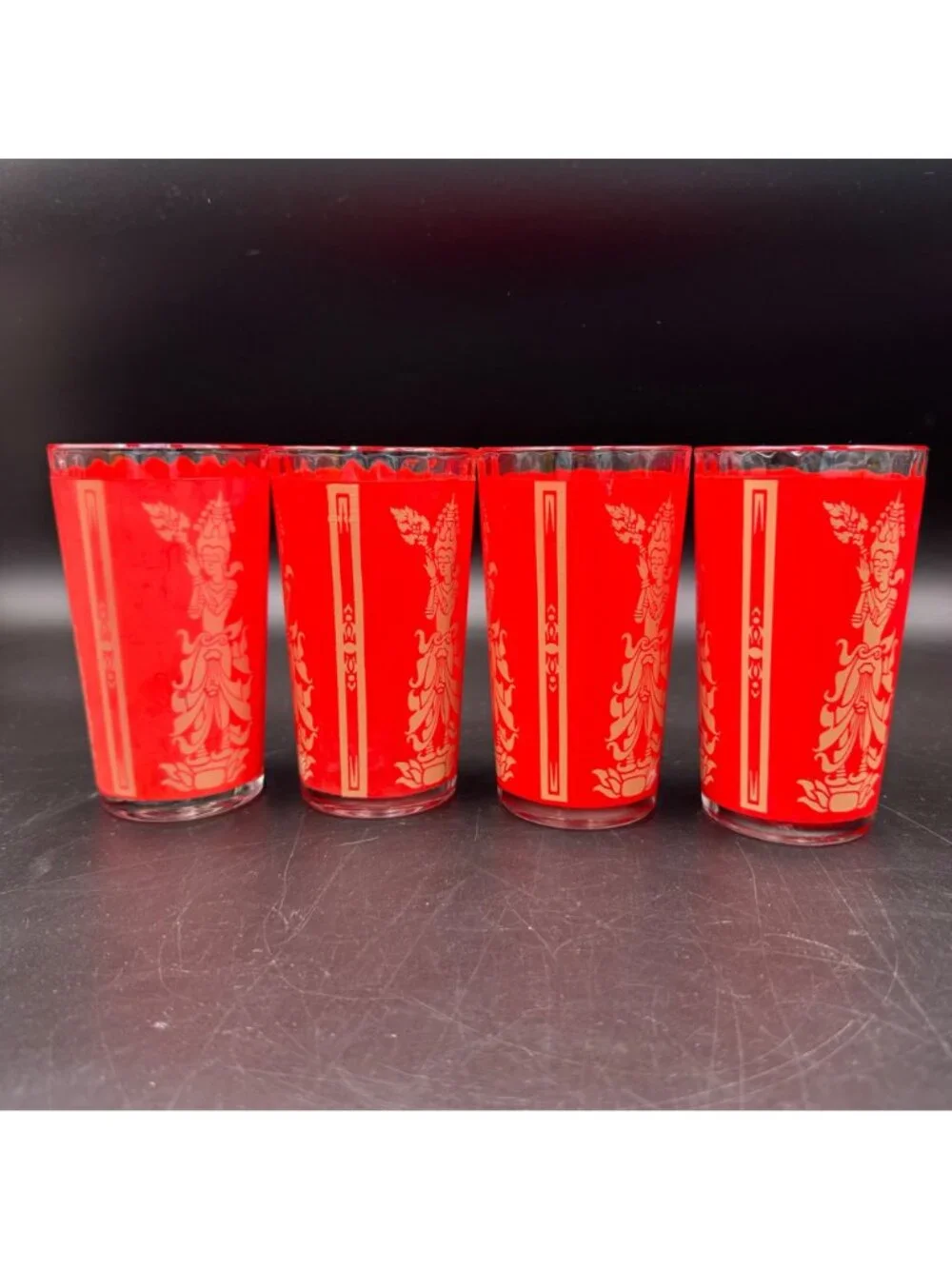 Culver Thai Goddess Highball Glasses Red Set Of 4 Vintage Art Deco Barware